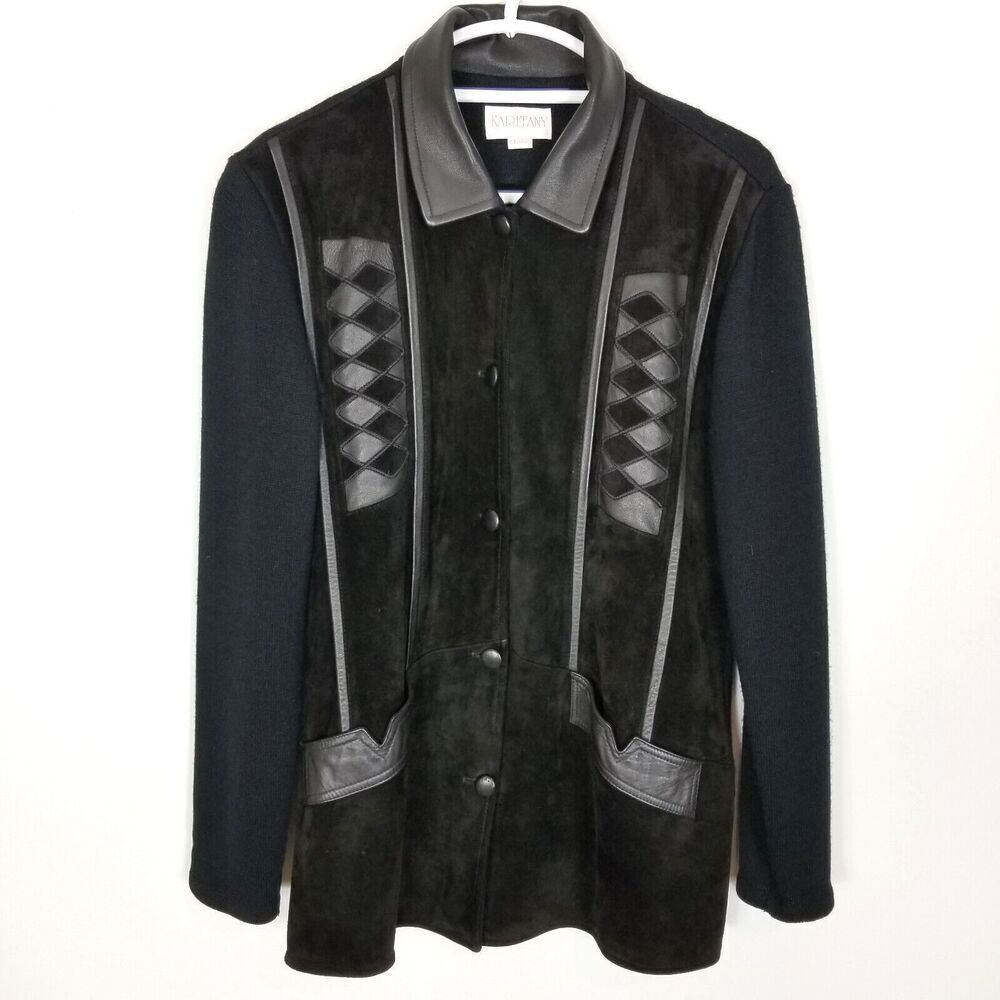 Karffany Women Leather Suede Jacket Knit Sleeve Sz XL Black Button Up Lagenlook